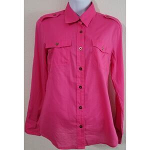 Banana Republic Hot Pink Button Up Top Small Long Roll Tab Sleeves Lightweight